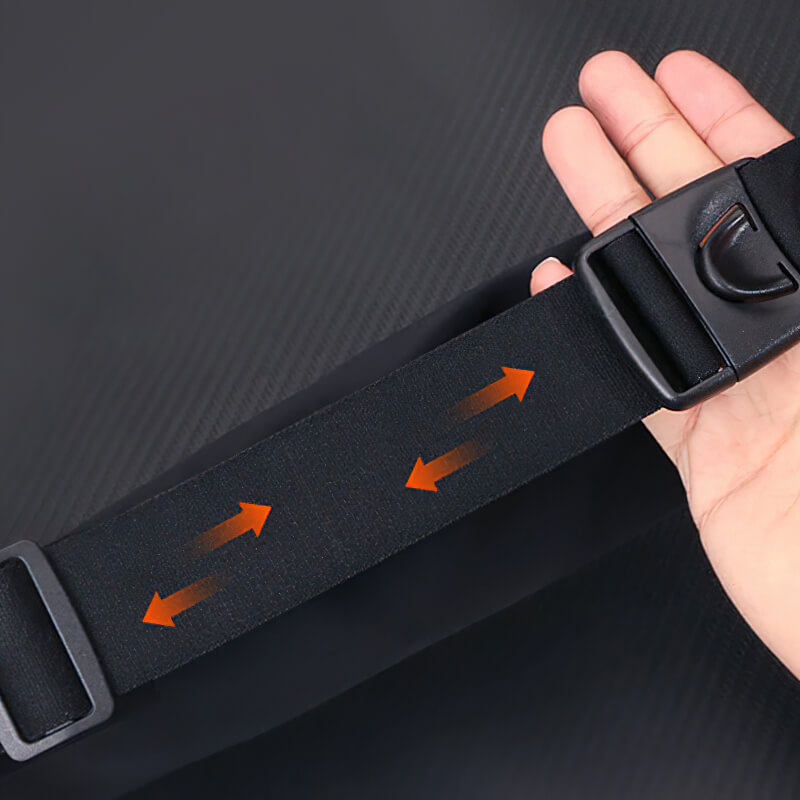 Adjustable strap on a waterproof waist running bag in black, ideal for outdoor sports. Unisex design, fits all sizes comfortably.